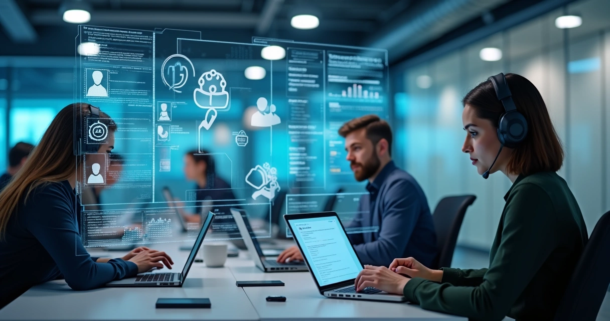 Escritório moderno com equipe usando múltiplos dispositivos conectados a sistemas de atendimento ao cliente automatizado com gráficos digitais e chatbots na tela