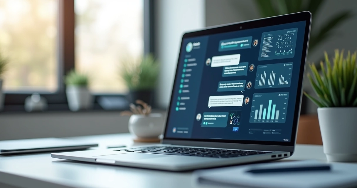 Chatbot de atendimento automatizado exibido em tela de notebook com interface amigável e gráficos de desempenho ao fundo