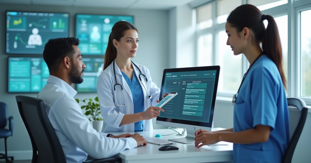 atendimento-automatizado-clinica-541.webp Atendimento automatizado via chatbot em clínica médica moderna com interface digital na tela do computador e equipe utilizando tecnologia