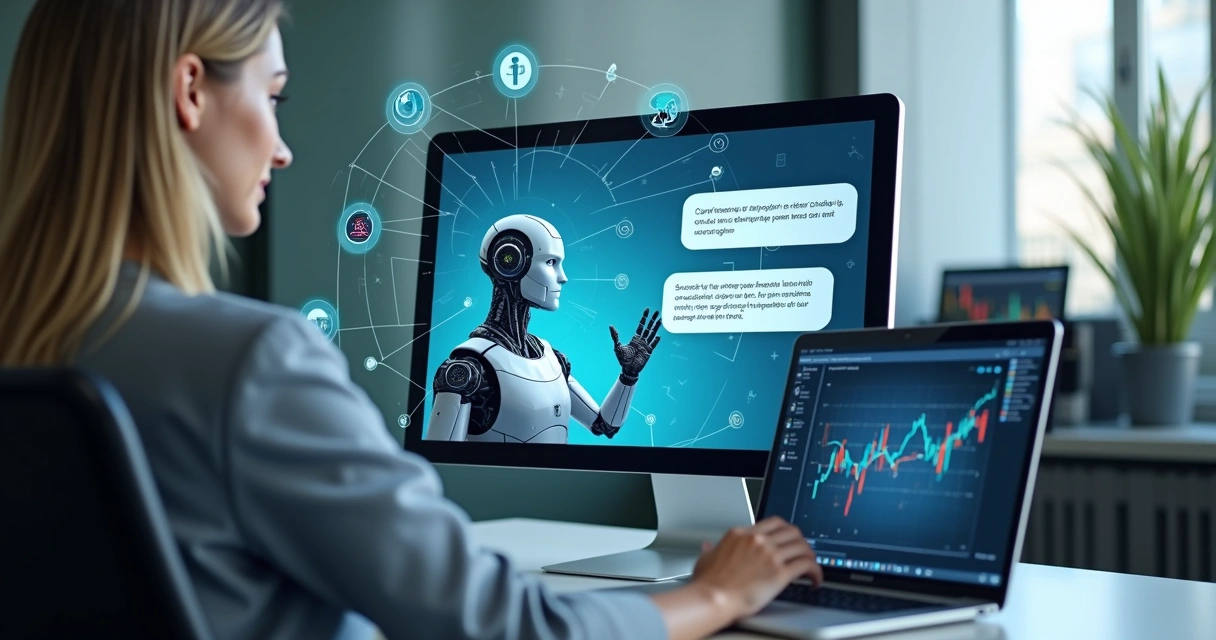 Assistente virtual atendendo cliente via chatbot em ambiente corporativo moderno