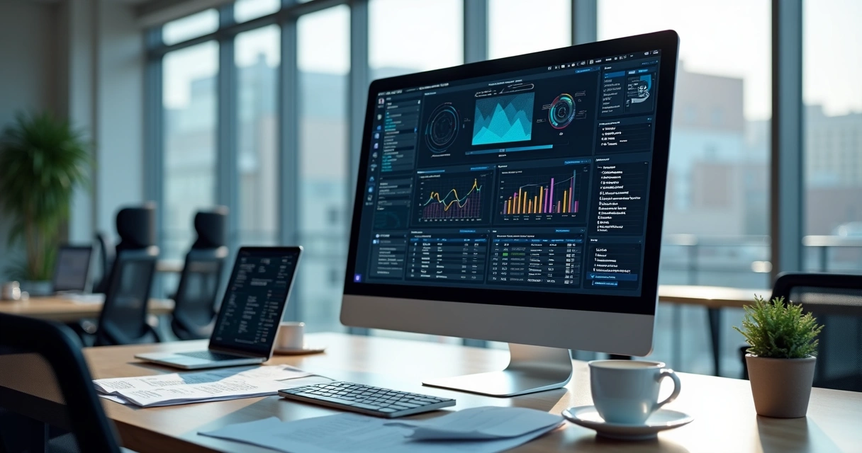 Computador com tela exibindo gráficos de auditoria e código de IA, numa mesa de escritório moderno com documentos e café