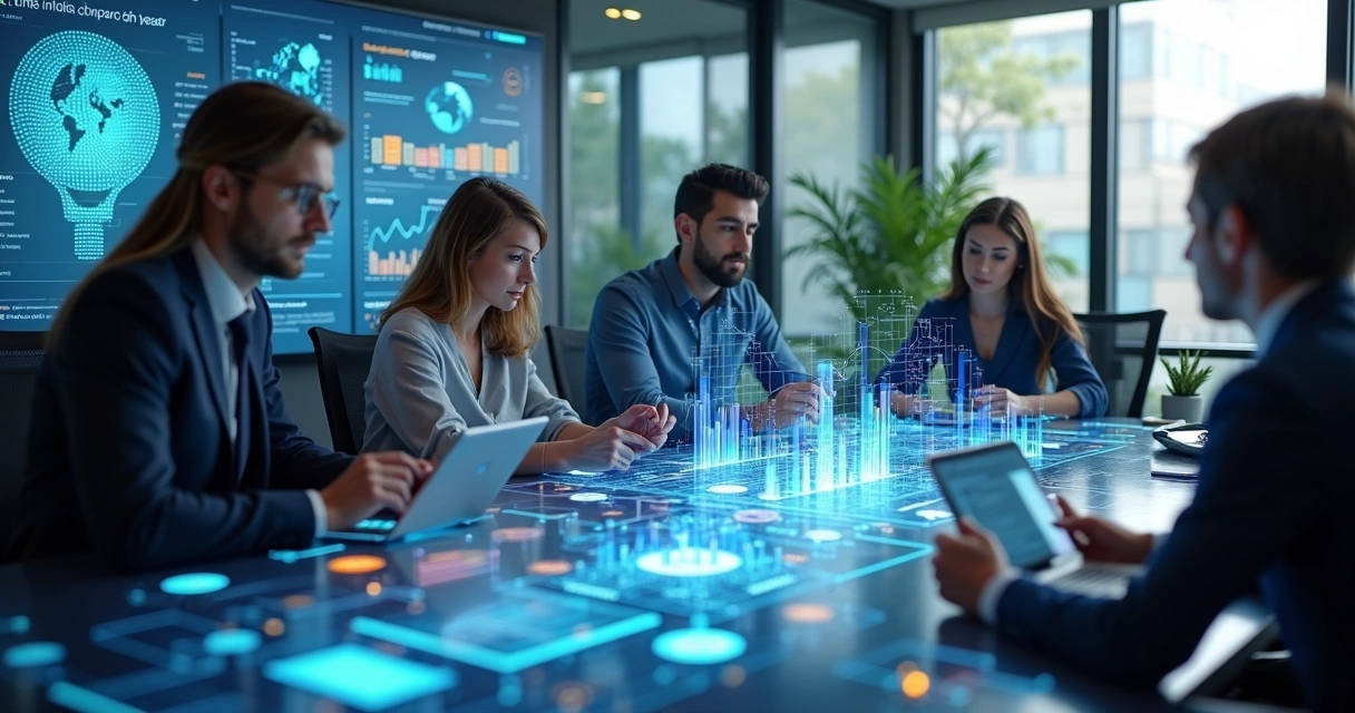 Equipe multidisciplinar trabalhando em automação e inteligência artificial com telas digitais mostrando gráficos e dados