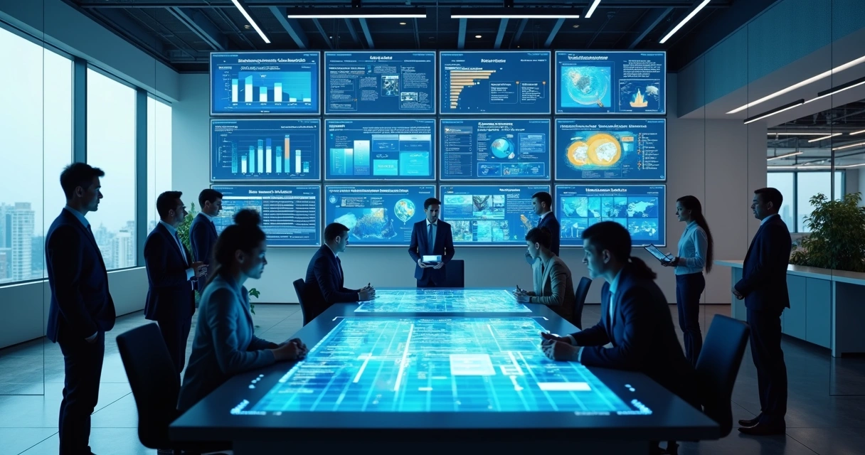 Centro de controle digital com múltiplas telas mostrando gráficos, automação e operações empresariais integradas