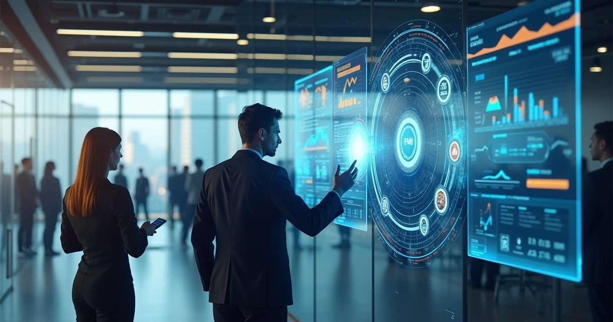 Painel digital com gráficos de automação e inteligência artificial em ambiente corporativo moderno