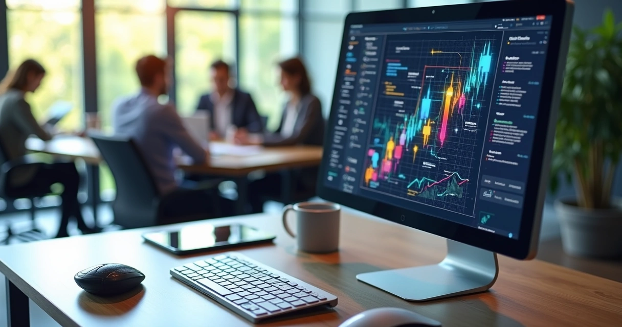 Computador mostrando gráficos de automação com inteligência artificial em ambiente corporativo moderno