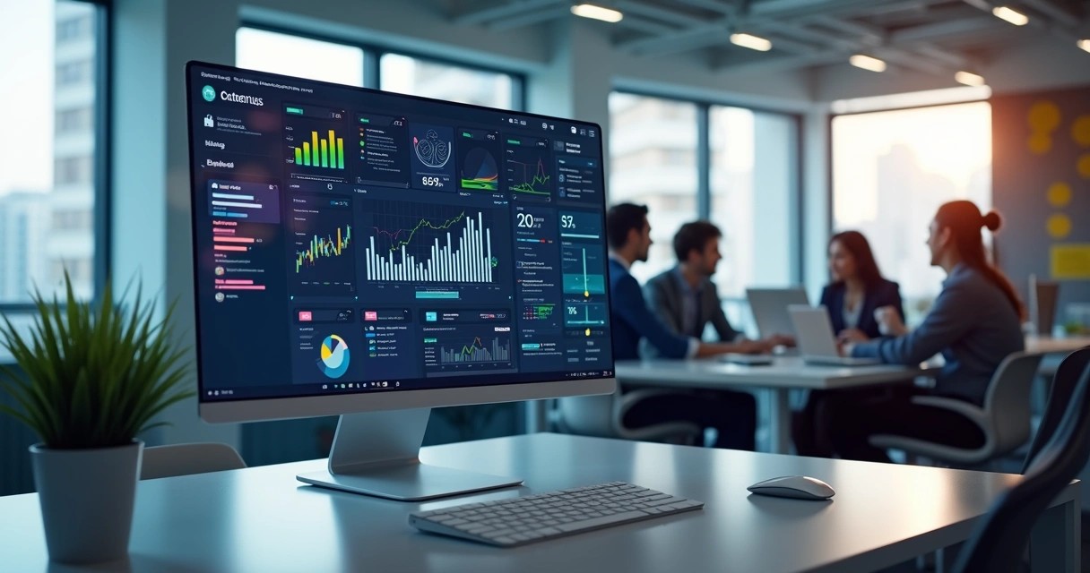 Computador exibindo painel digital com gráficos de automação empresarial e ícones tecnológicos em ambiente corporativo moderno