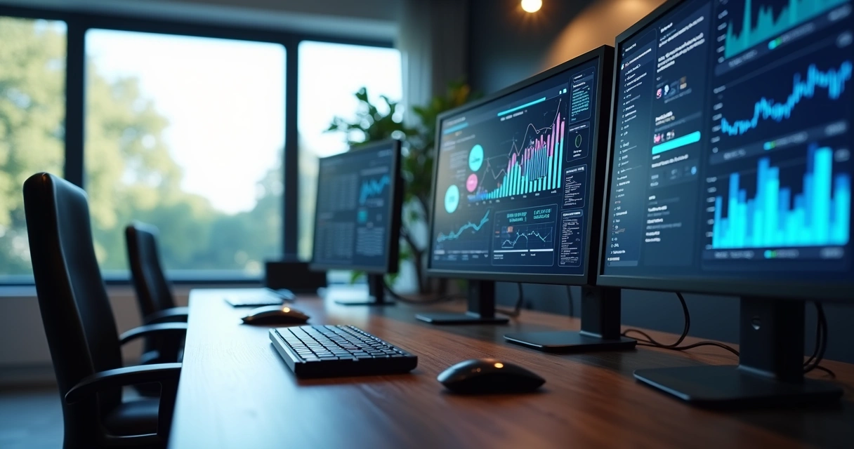 Mesa de trabalho com múltiplas telas exibindo gráficos, dados financeiros, chat de atendimento ao cliente e automação de vendas com inteligência artificial
