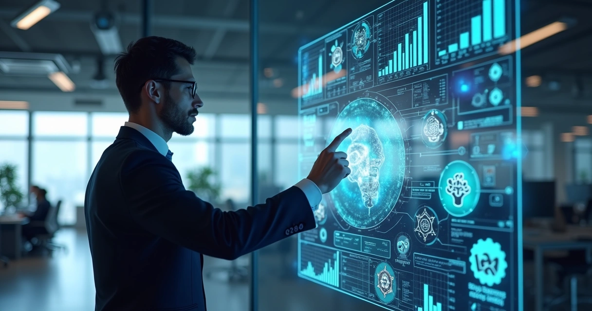 Profissional operando painel moderno com gráficos digitais e ícones de inteligência artificial ao redor