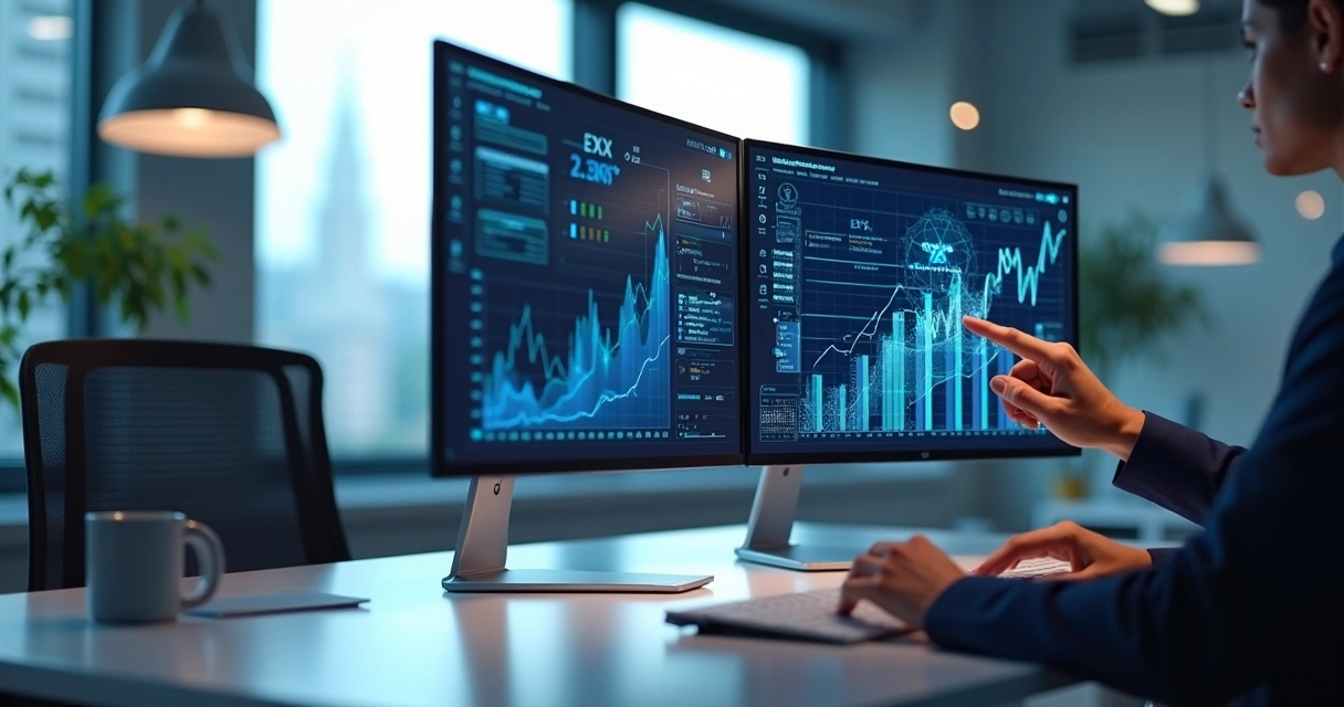 automacao-inteligente-produtividade-886.webp Mesa de escritório moderna com dois monitores exibindo gráficos e painéis de automação digital em alta resolução, com elementos de inteligência artificial integrados ao ambiente corporativo