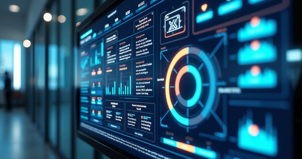 Painel digital moderno mostrando fluxos automatizados e gráficos de marketing em tela de alta resolução