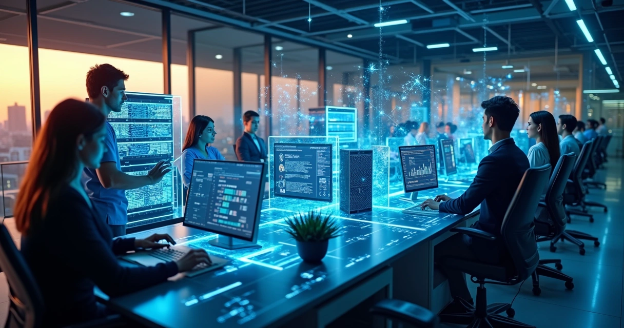 Computadores e servidores conectados simbolizando automação de processos digitais em ambientes corporativos modernos