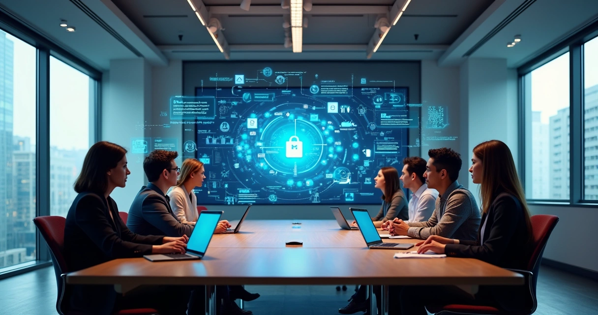 Mesa de reuniões corporativa com executivo diante de telas digitais exibindo gráficos e fluxogramas de automação de processos com IA