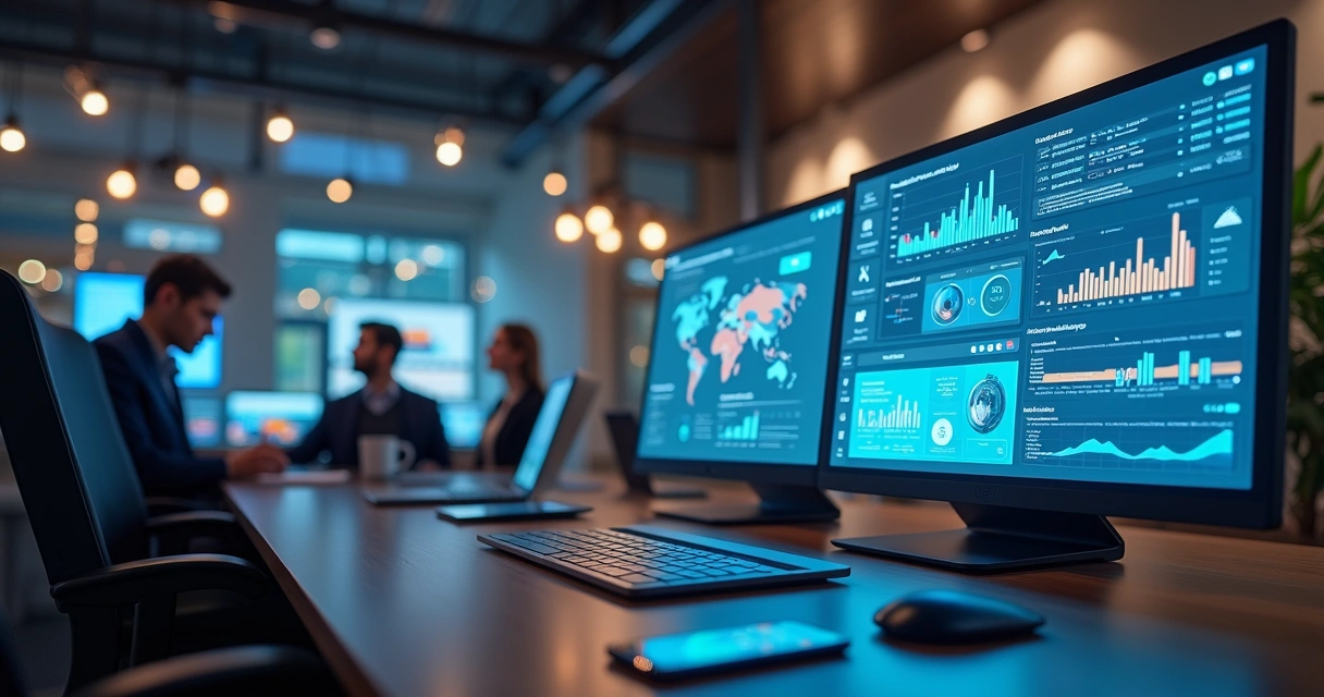 Representação de automação de vendas com inteligência artificial mostrando tela de computador com gráficos e chatbots interativos em ambiente corporativo moderno