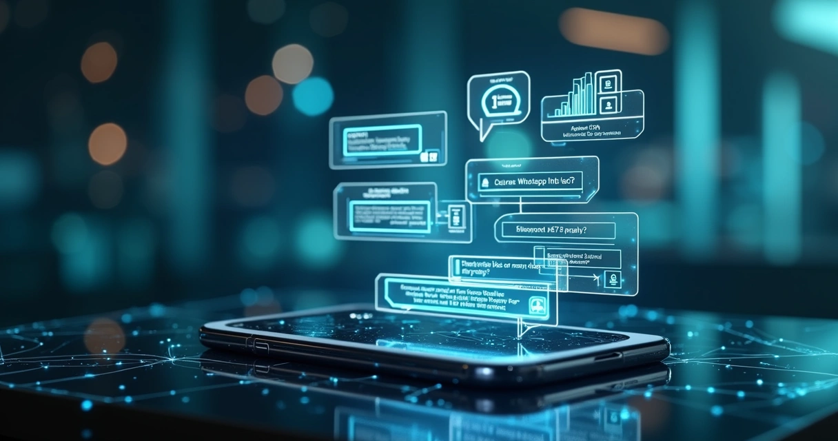 Tela de smartphone mostrando chat automatizado no WhatsApp com gráficos de vendas e ícones de integração CRM ao redor