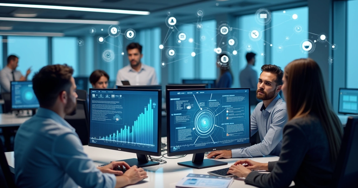 automatizacao-processos-repetitivos-escritorio-486.webp Ambiente corporativo com equipe diversa trabalhando com computadores e gráficos digitais de automação de processos