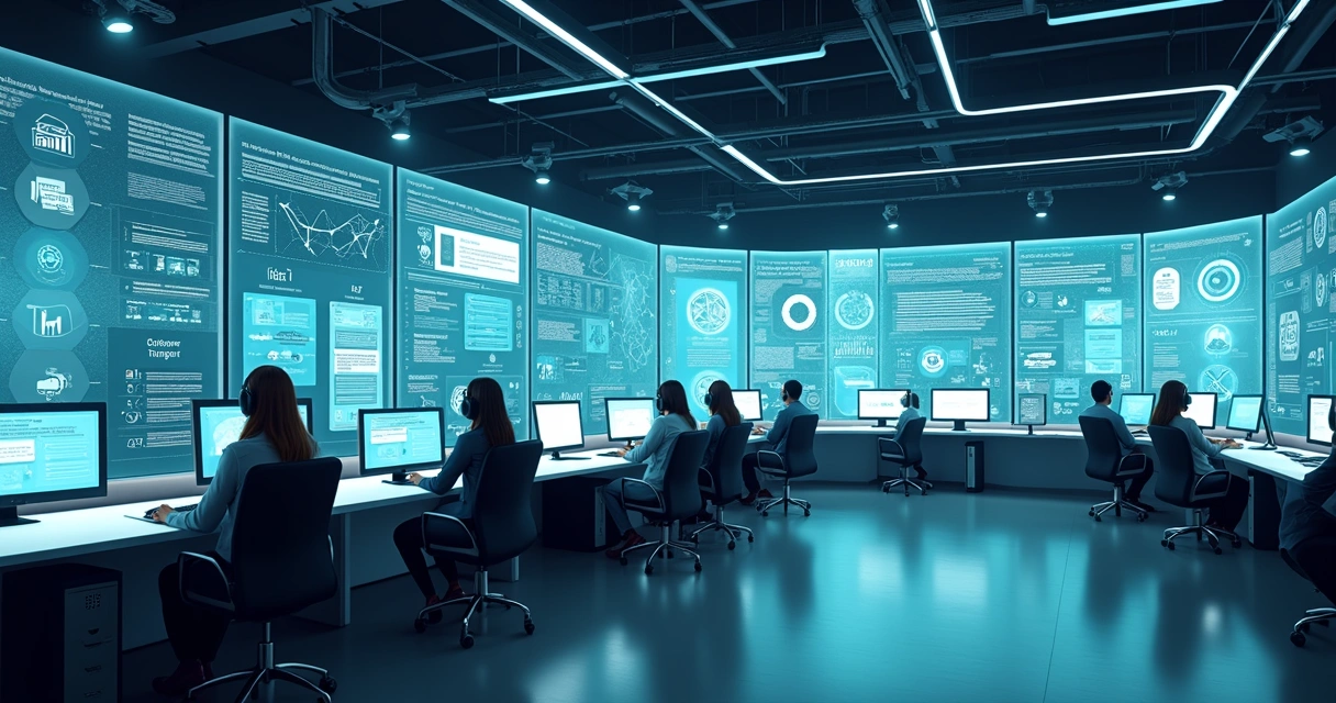 Central de atendimento automatizado com IA mostrando interface digital, chatbots e operadores humanos integrados