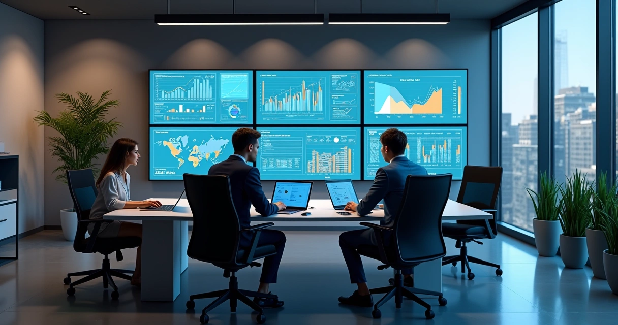 Profissionais analisando gráficos e dados em múltiplas telas de computador em ambiente corporativo moderno