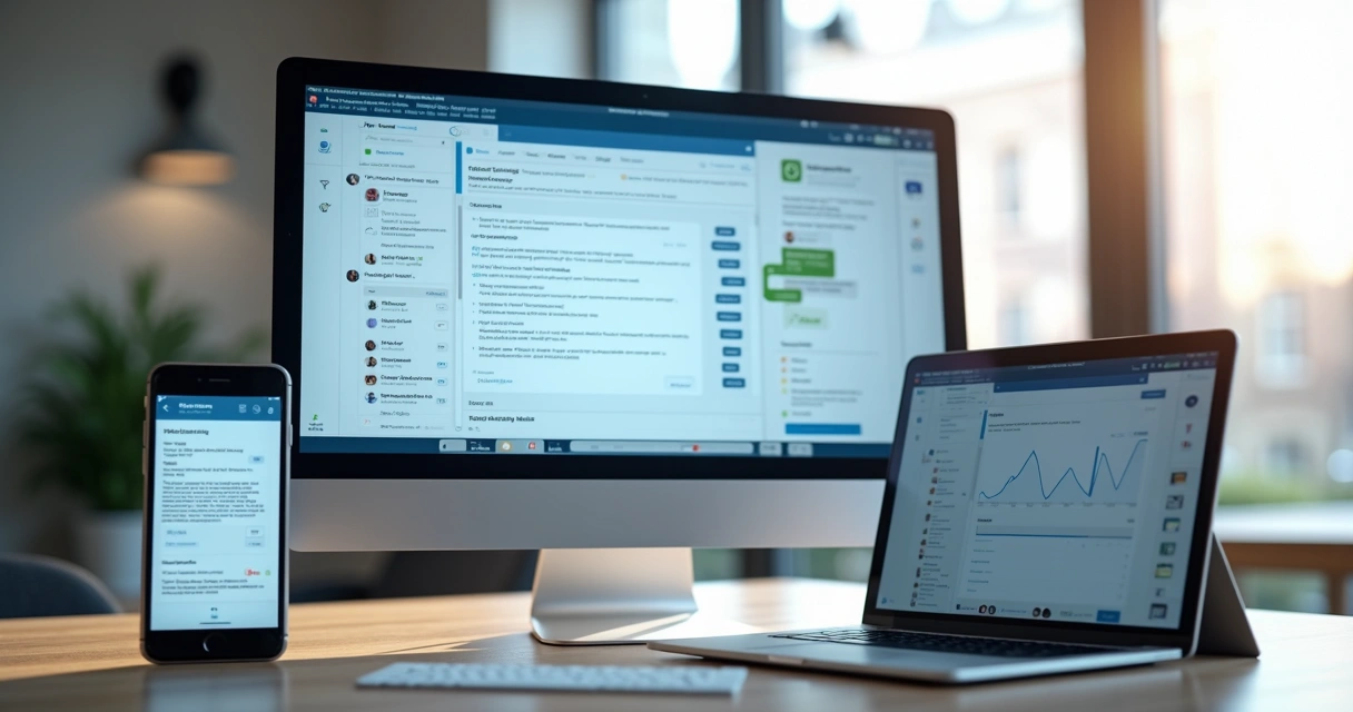 Mesa de trabalho moderna com computador, smartphone, e tablet exibindo interfaces de atendimento ao cliente, chatbots e dashboards de CRM integrados