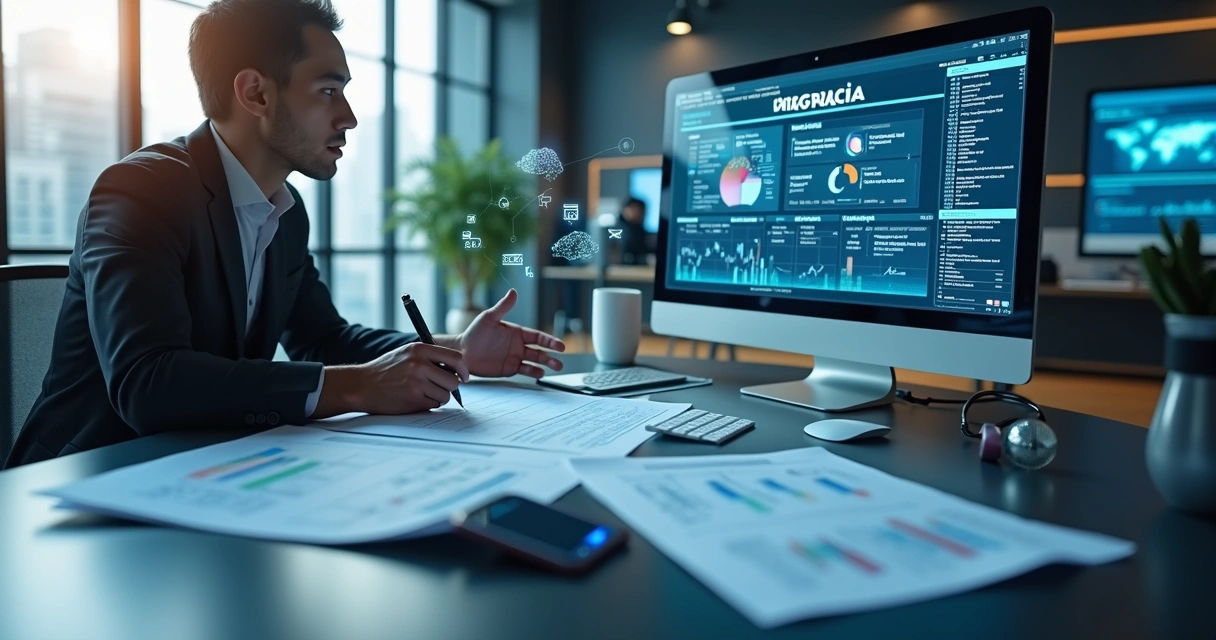 Profissional analisando um checklist de integração de IA em um ERP com gráficos e ícones tecnológicos digitais ao fundo