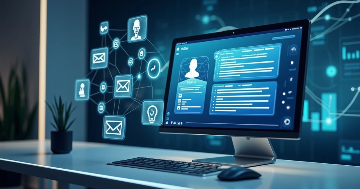 Interface digital mostrando chatbot e assistente virtual em tela com elementos de automação e ícones de canais digitais integrados