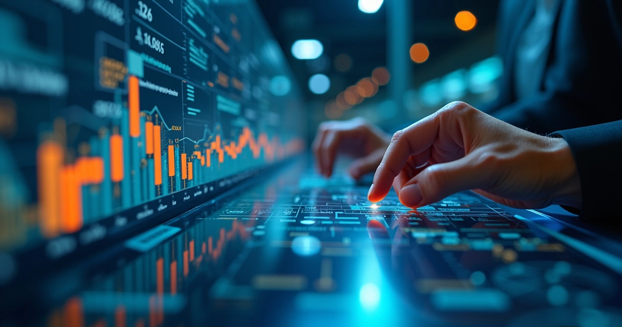 Visão realista de tela digital exibindo gráficos de previsão de demanda e controle de estoque com gráficos de barras e linhas em ambiente corporativo