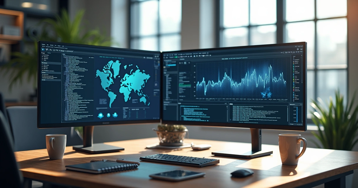 sistemas-integracao-tecnologia-65.webp Mesa de trabalho com múltiplos monitores exibindo gráficos e códigos de integração de sistemas, ambiente moderno de escritório com luz natural e elementos tecnológicos ao redor