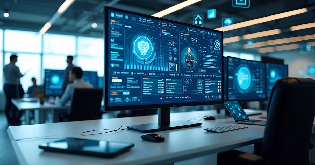 Ambiente corporativo moderno com telas mostrando gráficos e integração de sistemas de automação inteligente