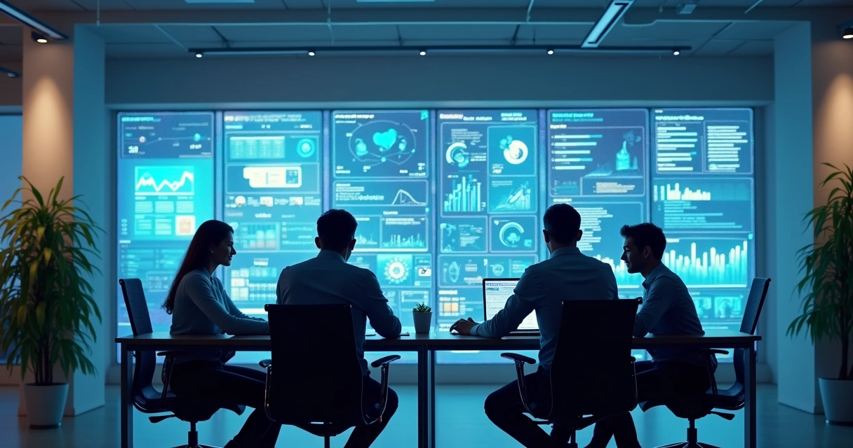 Equipe comercial em ambiente de escritório moderno colaborando com agentes de IA exibidos em telas digitais ao fundo