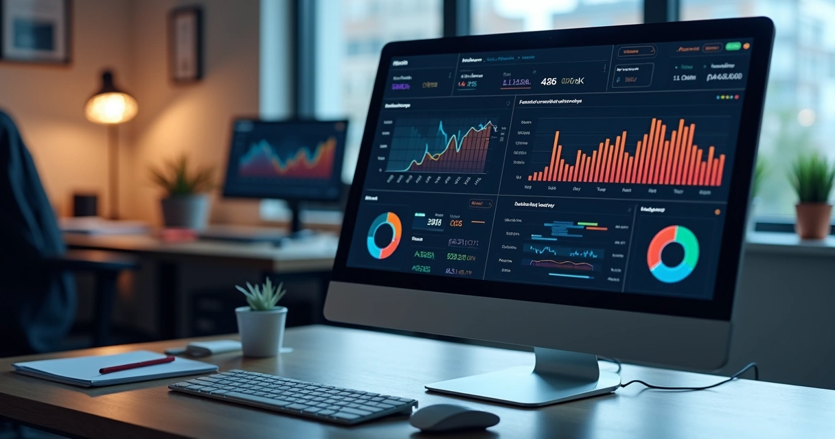 Computador com tela mostrando dashboard de análise de crédito e inadimplência, gráficos coloridos e indicadores em destaque