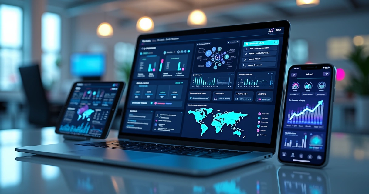 Agente de IA comercial operando em múltiplos dispositivos com interface gráfica mostrando automação de processos empresariais e gráficos de crescimento