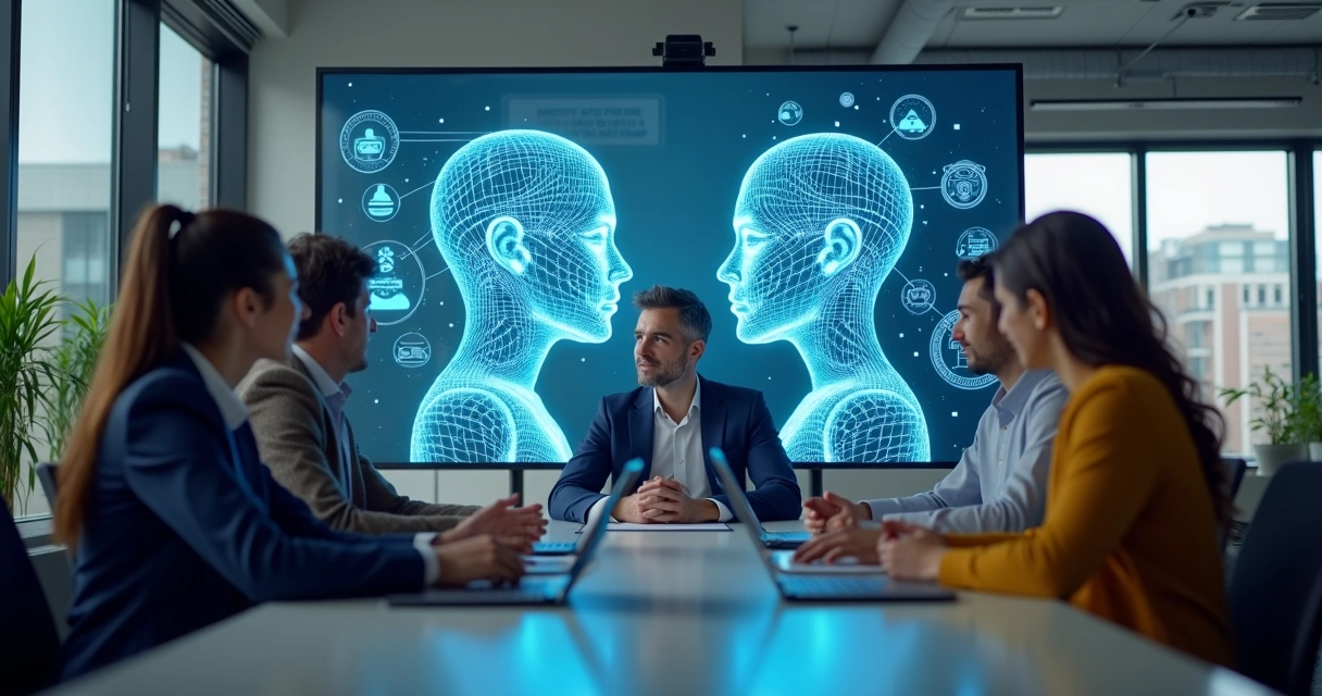 Equipe comercial discutindo estratégias com representação digital de agente de IA e chatbot em telas ao fundo