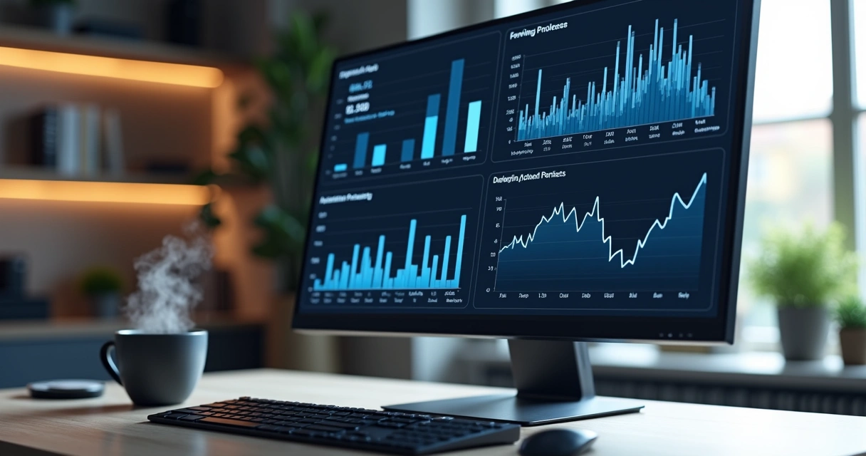 analise-automacao-tecnologia-336.webp Mesa moderna com computador exibindo gráficos de desempenho e relatórios de automação digital