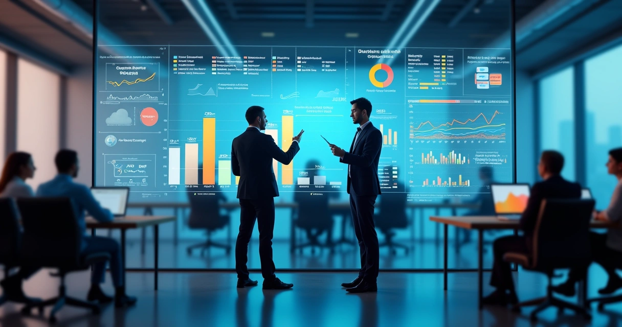 atendimento-cliente-ia-automacao-36.webp Gestor analisando dashboard digital com gráficos e indicadores de atendimento ao cliente por IA e automação