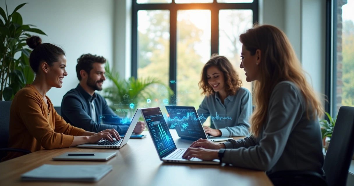 Pequena equipe de profissionais trabalhando com automação inteligente em ambiente de escritório moderno