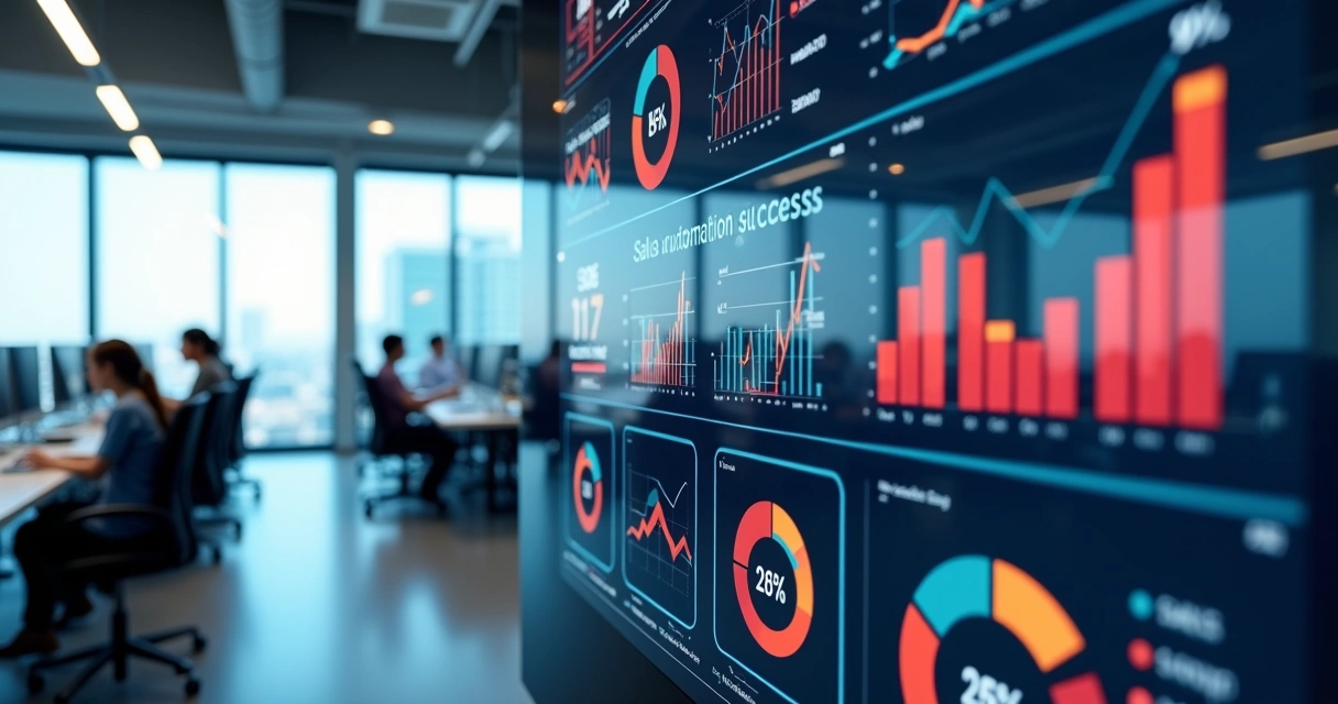 Dashboard digital exibindo indicadores de sucesso da automação de vendas com gráficos e métricas coloridas em ambiente corporativo moderno