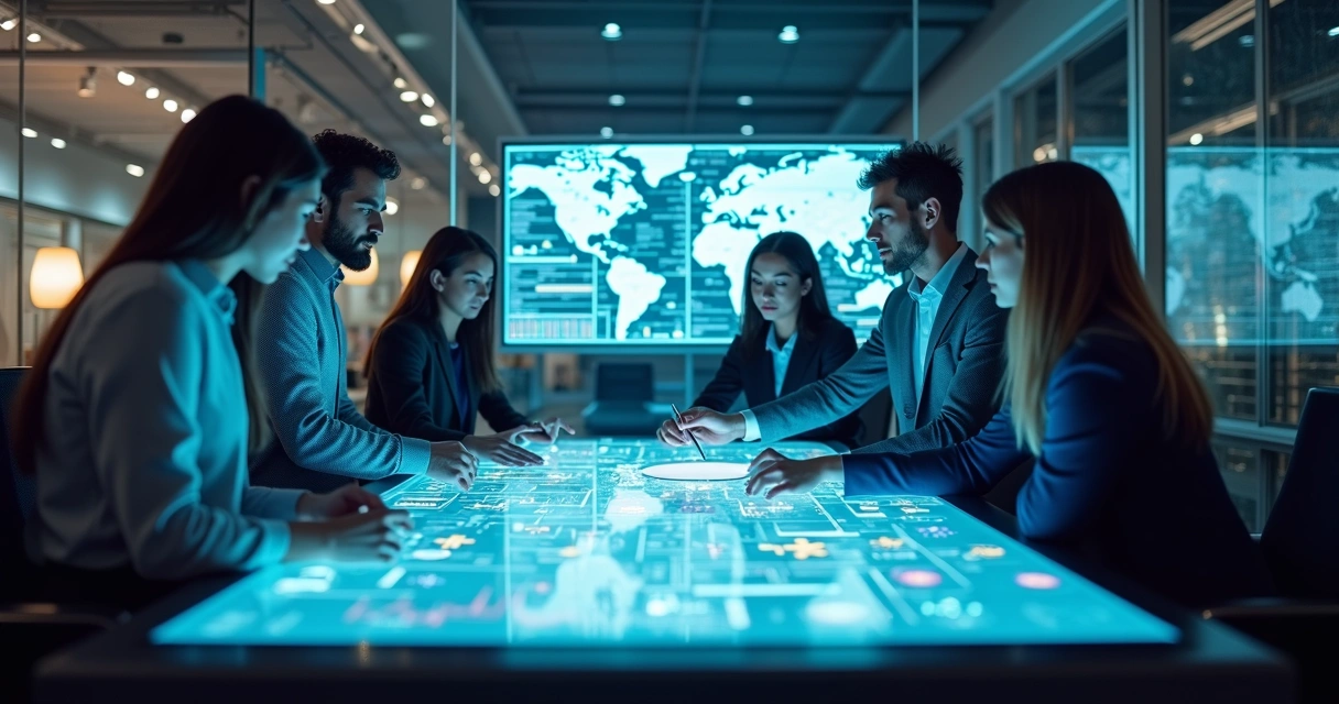 customizacao-agente-ia-vendas-965.webp Ambiente moderno de escritório com equipe analisando fluxos de vendas em telas digitais personalizadas por agentes de IA inteligentes