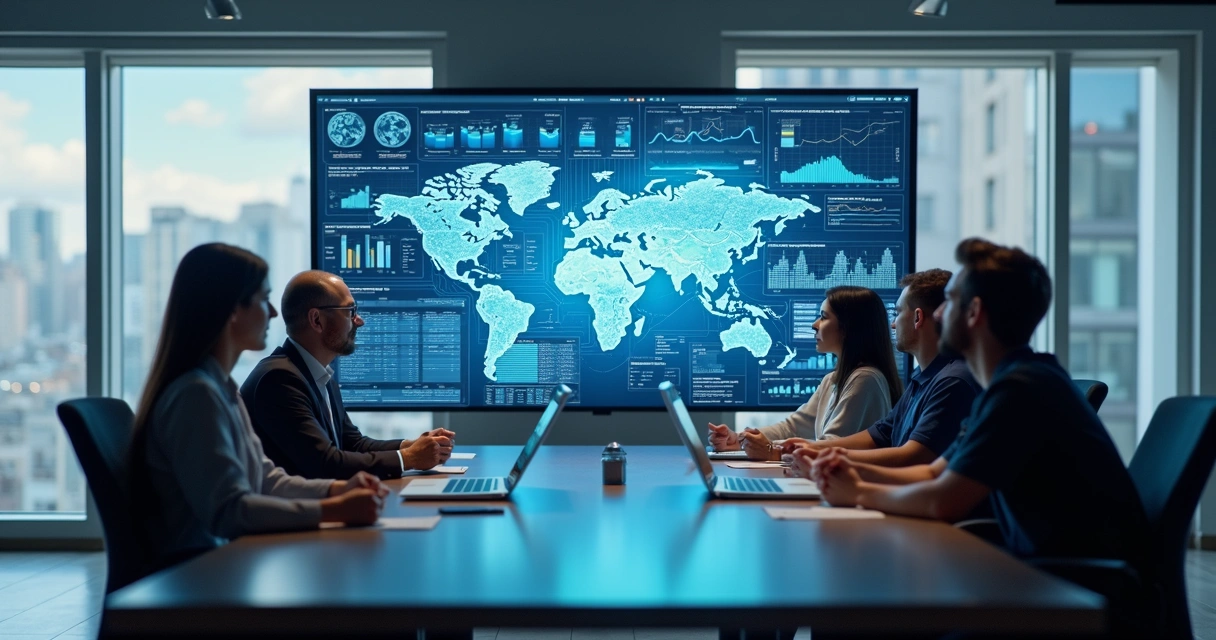 Equipe multidisciplinar em reunião frente a telas com gráficos e dados de automação e agentes de IA