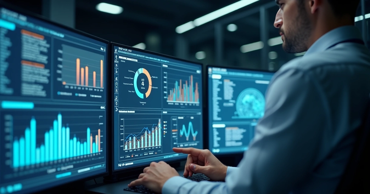 Gestor analisando dashboard de automação com IA em ambiente corporativo moderno
