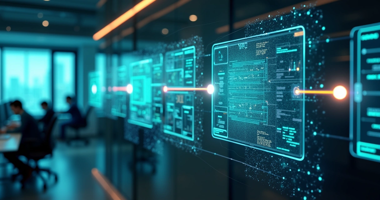 integracao-ia-automacao-574.webp Tela digital exibindo fluxos automáticos de integração entre sistemas ERP e CRM com gráficos na interface