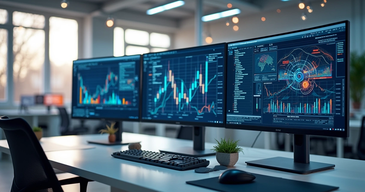 Tela de computador com softwares variados integrados mostrando gráficos e conexões de dados em fundo de escritório moderno