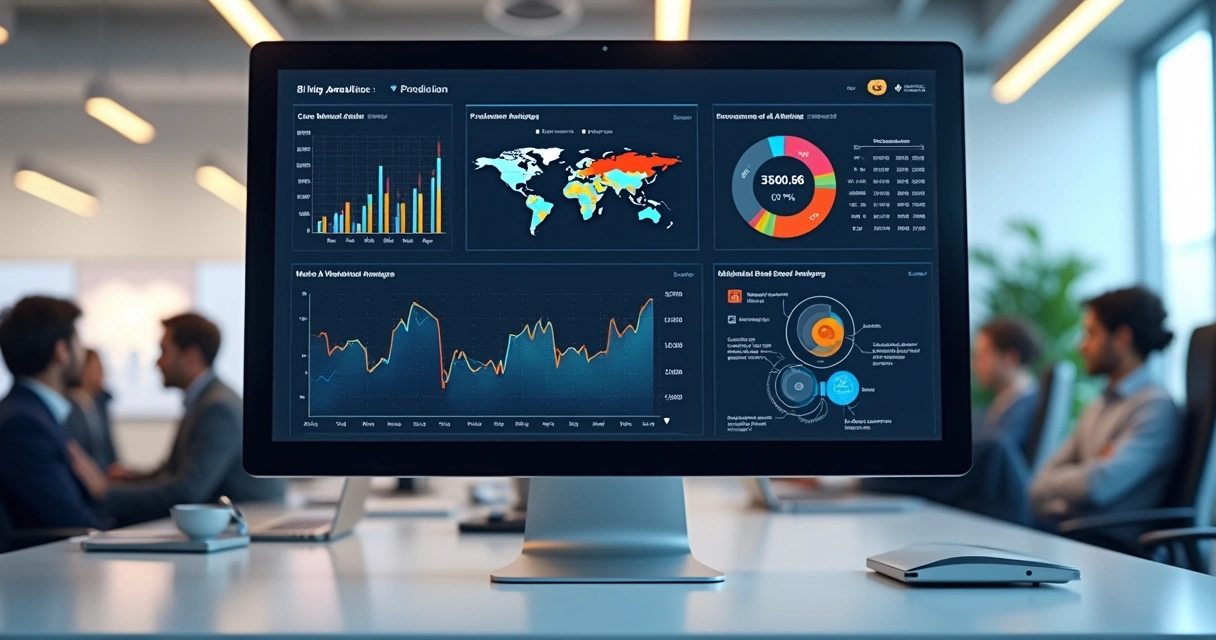 Tela de computador exibindo dashboards de análise preditiva com gráficos e dados complexos em ambiente de escritório moderno