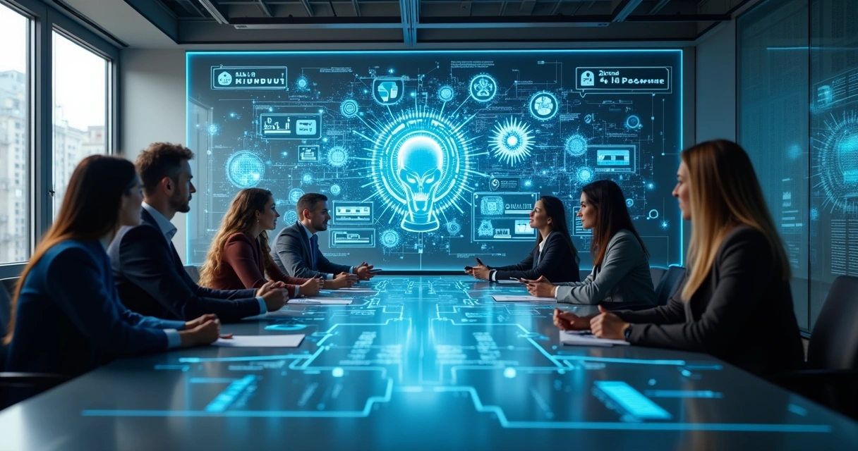 Equipe de profissionais analisando automação de processos internos com inteligência artificial em escritório moderno