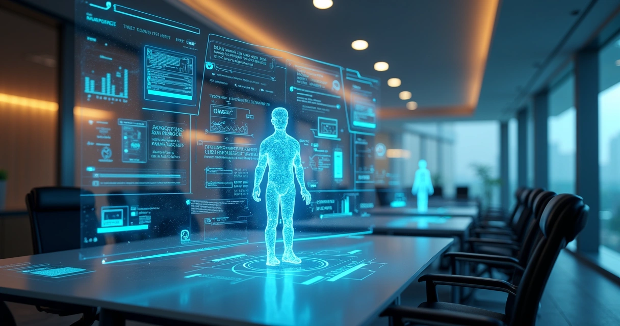 Interface digital complexa de agente IA com elementos de integração corporativa e gráficos de dados em ambiente empresarial moderno