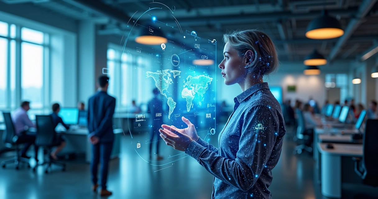 Representação detalhada de um agente de IA operando em ambiente corporativo com fluxos de dados e interfaces digitais