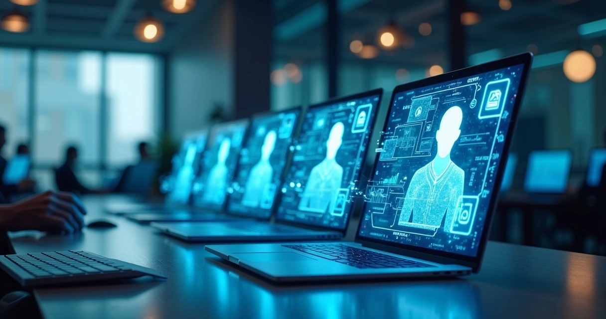 agentes-de-ia-autonomos-e-integracao-multicanal-987.webp Agentes de IA autônomos exibidos em telas digitais conectadas integrando múltiplos canais de comunicação para negócios