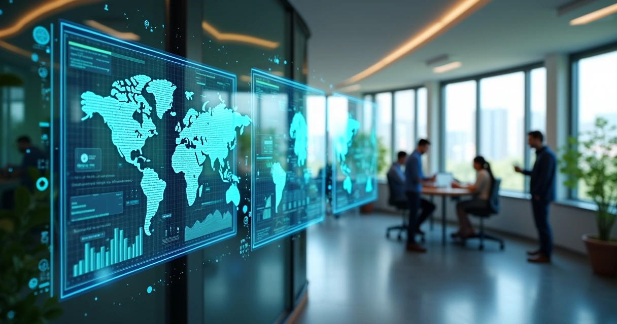 Agentes de IA personalizados em telas digitais interagindo com gráficos e fluxos de automação empresarial