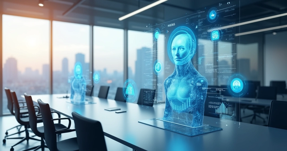 Agentes de IA autônomos interagindo em ambiente corporativo moderno com telas digitais e gráficos de dados ao fundo