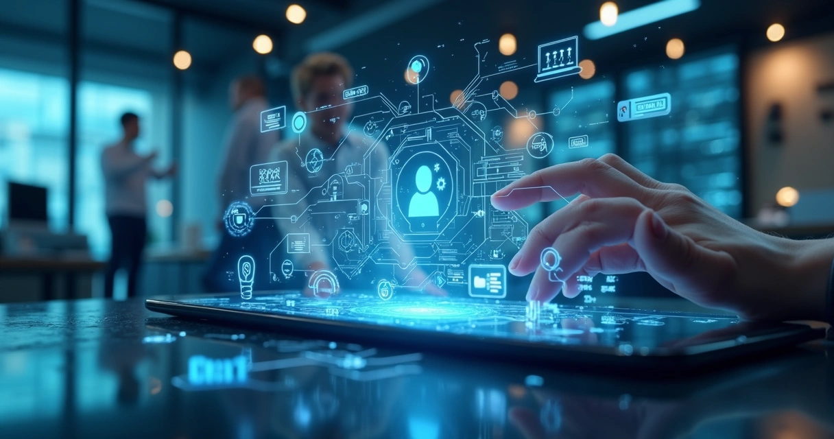 agentes-ia-futuristas-tecnologia-211.webp Visão futurista de agentes de IA autônomos em ação integrada com múltiplos dispositivos e canais digitais