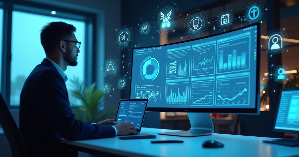 agentes-ia-personalizados-empresa-922.webp Tela de computador exibindo dashboard de agentes de IA personalizados, gráficos e integração com sistemas empresariais