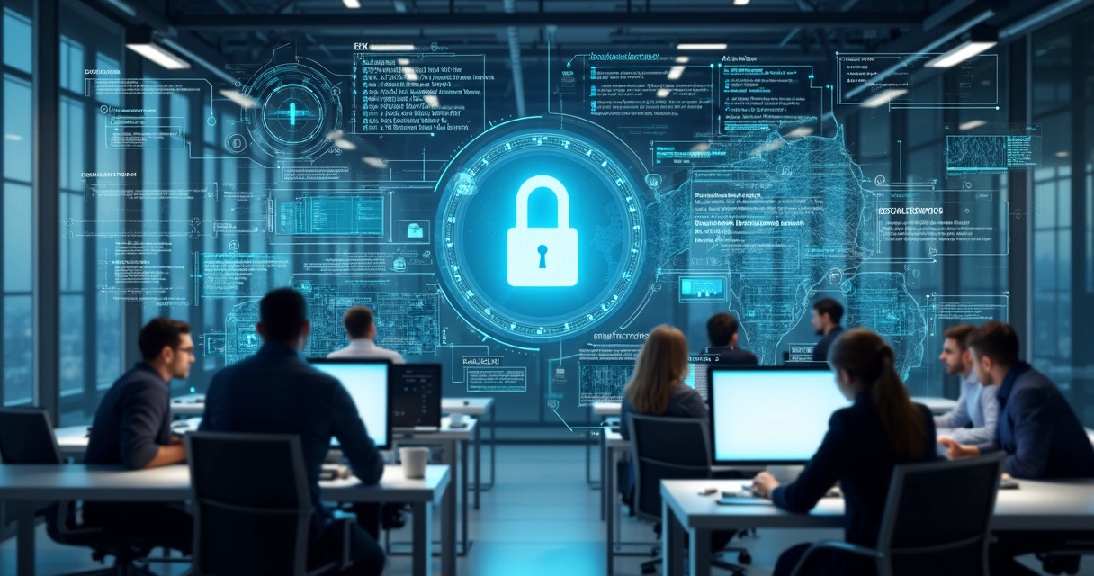 Interface digital com painel de controle de segurança de IA generativa privada em ambiente corporativo moderno